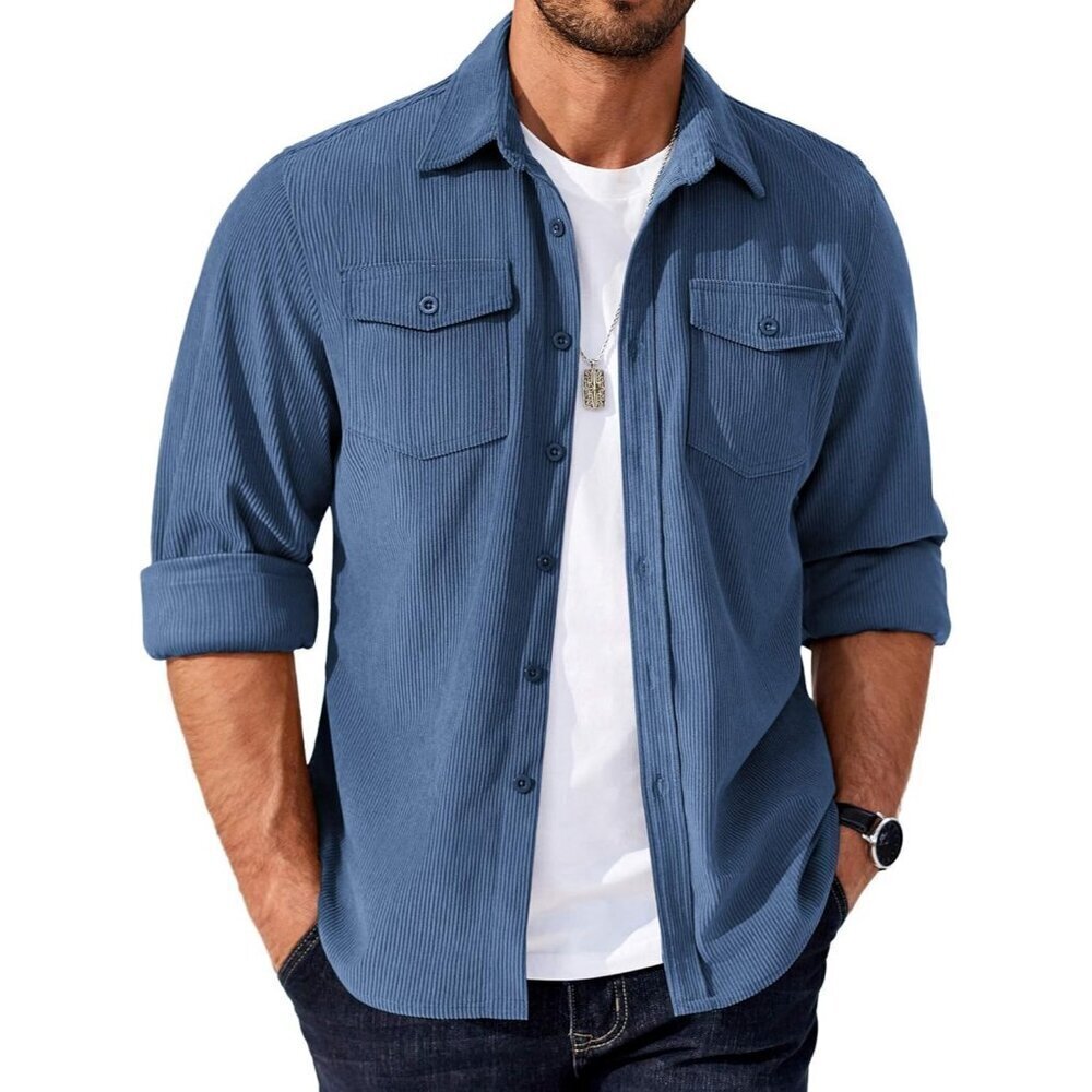 Coofandy Men Navy Blue Corduroy Button Down Lightweight Jacket with Flap Pockets